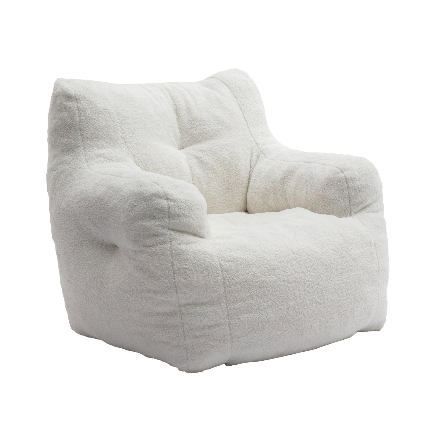 Ivory White Tufted Teddy Fabric Bean Bag Chair – Soft Foam Seat with Memory Sponge