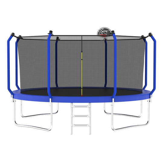 14FT Blue Outdoor Trampoline – ASTM Approved with Basketball Hoop, Steel Frame & Safety Enclosure Net