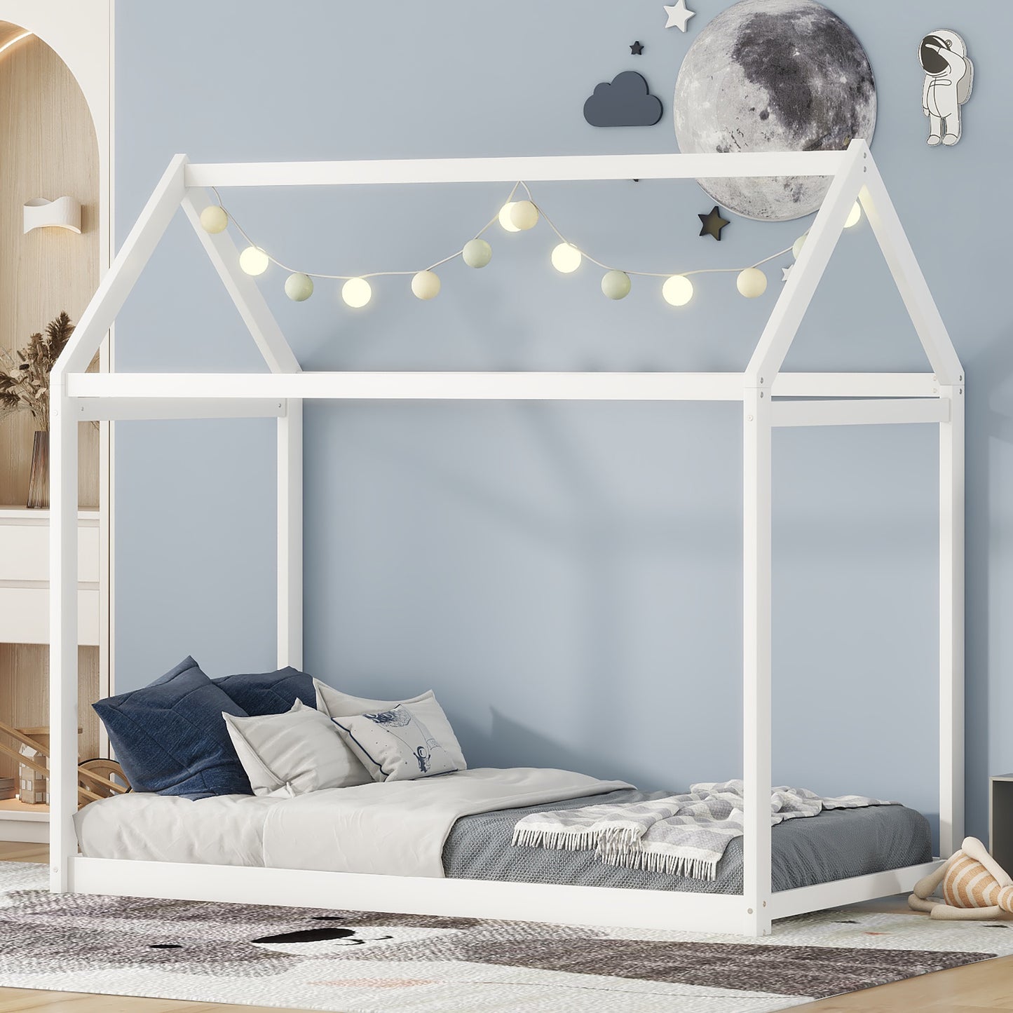 White Twin Size Wooden House Bed – Playful and Stylish Frame for Kids’ Bedroom