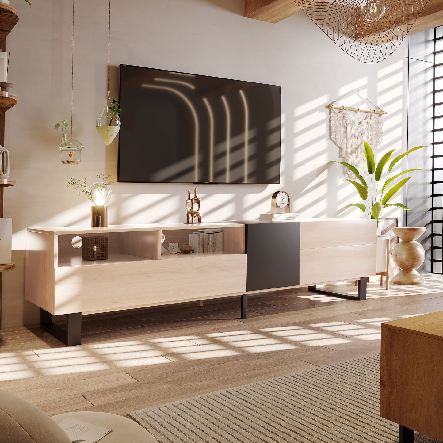 Modern TV Stand for up to 80″ TVs – Media Console with Double Storage & Drop-Down Door for Living Room or Home Theater