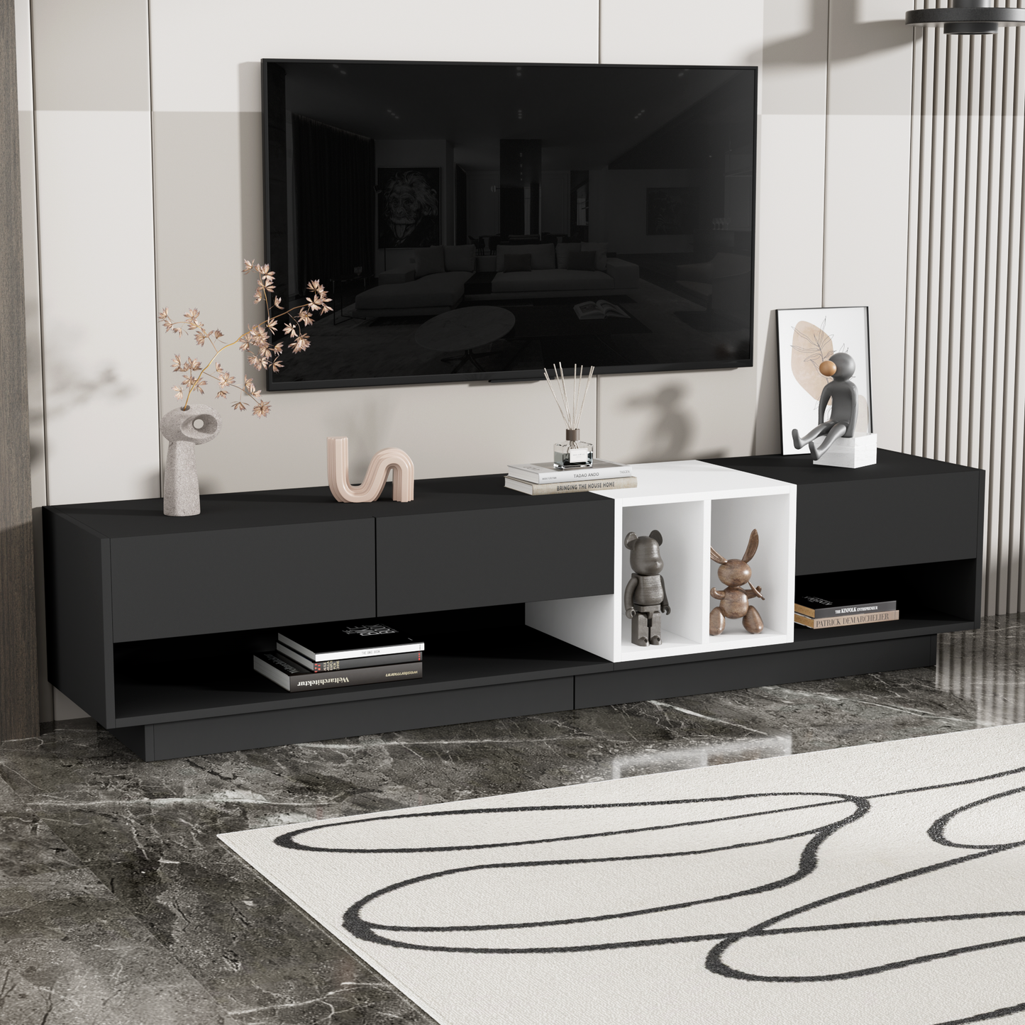 ON-TREND Black Two-Tone TV Stand – Sleek Media Console for TVs up to 80″ with Versatile Storage Compartments for Living Room