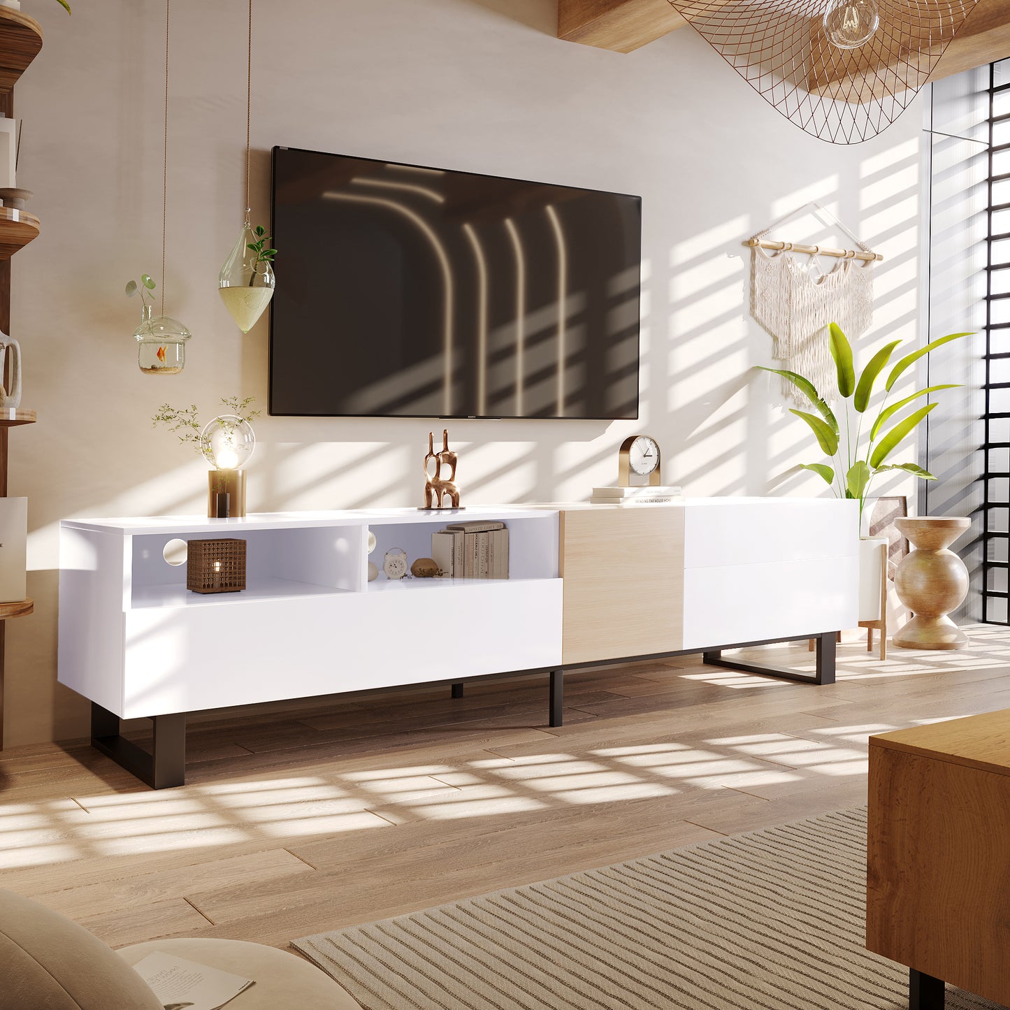 Modern TV Stand for up to 80″ TVs – Media Console Table with Double Storage & Drop-Down Door for Living Room or Home Theater