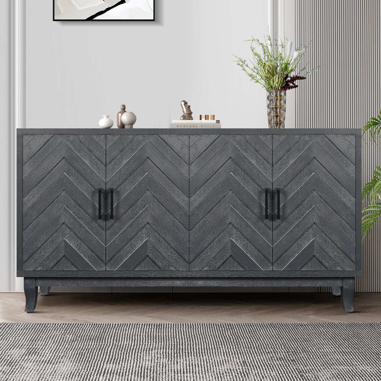 Taupe Grey Vintage Style 4-Door Buffet Cabinet – Lacquered Wooden Sideboard with Thickened Design for Entryway or Living Room Storage