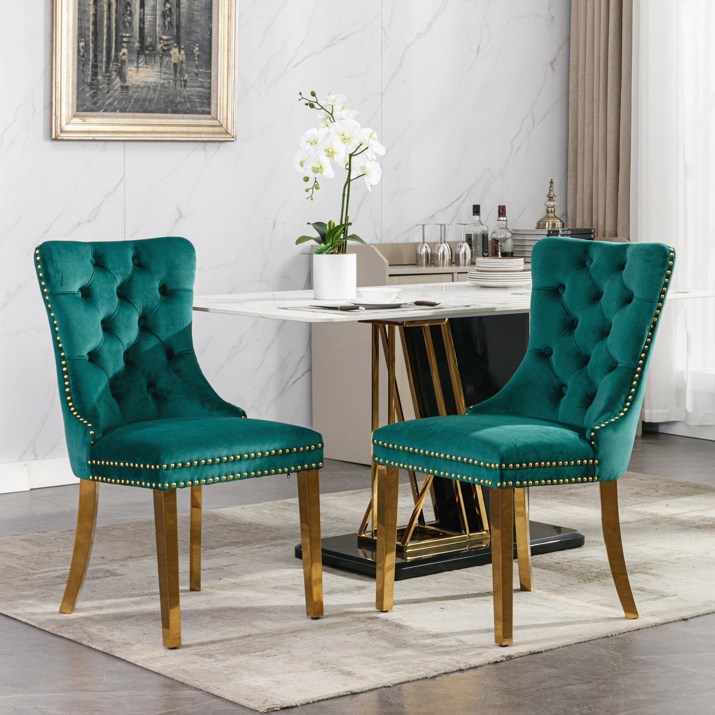 Set of 2 Green Velvet Dining Chairs – Modern Tufted Design with Nailhead Trim & Gold Legs