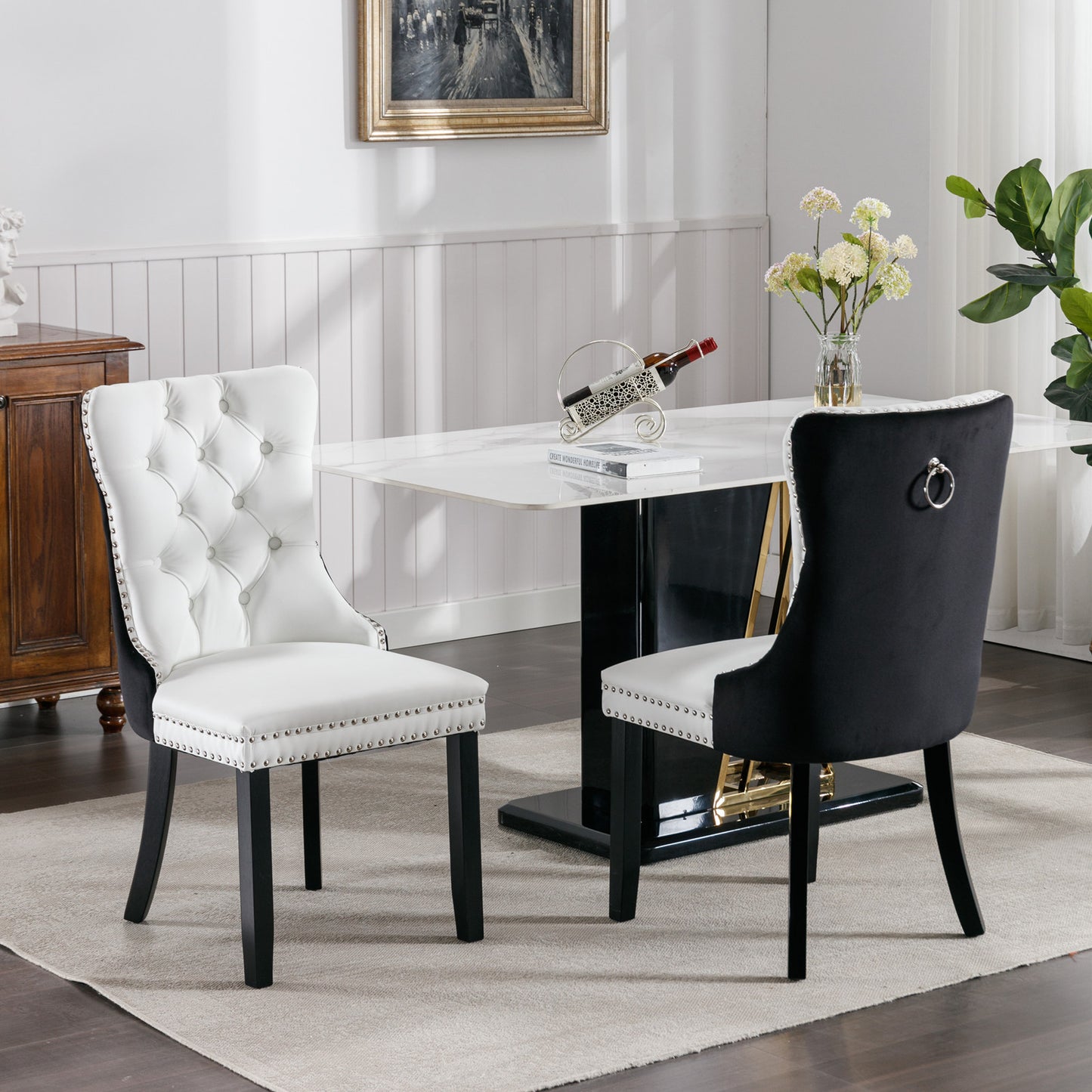 Set of 2 White & Black PU and Velvet Dining Chairs – Modern Tufted Design with Nailhead Trim & Wood Legs