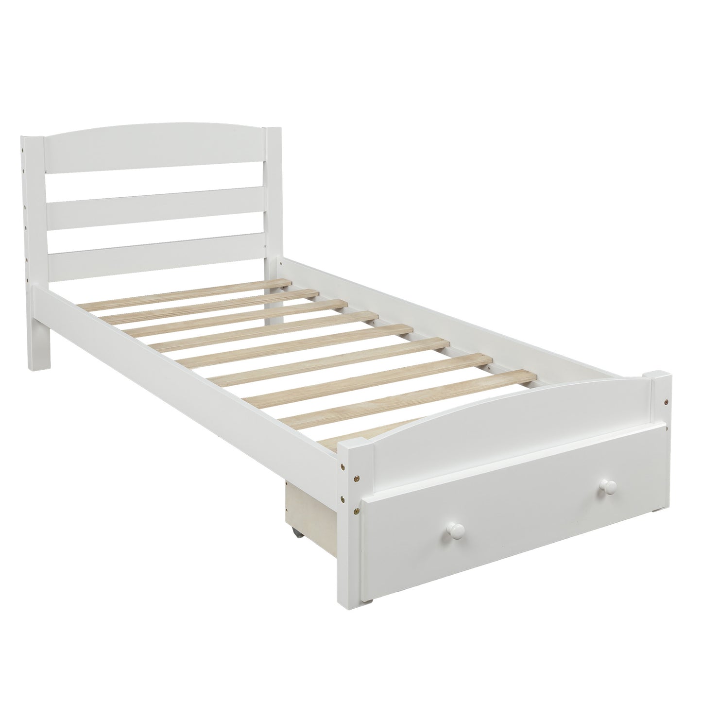 Classic White Pine Wood Twin Platform Bed – Space-Saving Frame with Storage Drawer, No Box Spring Needed