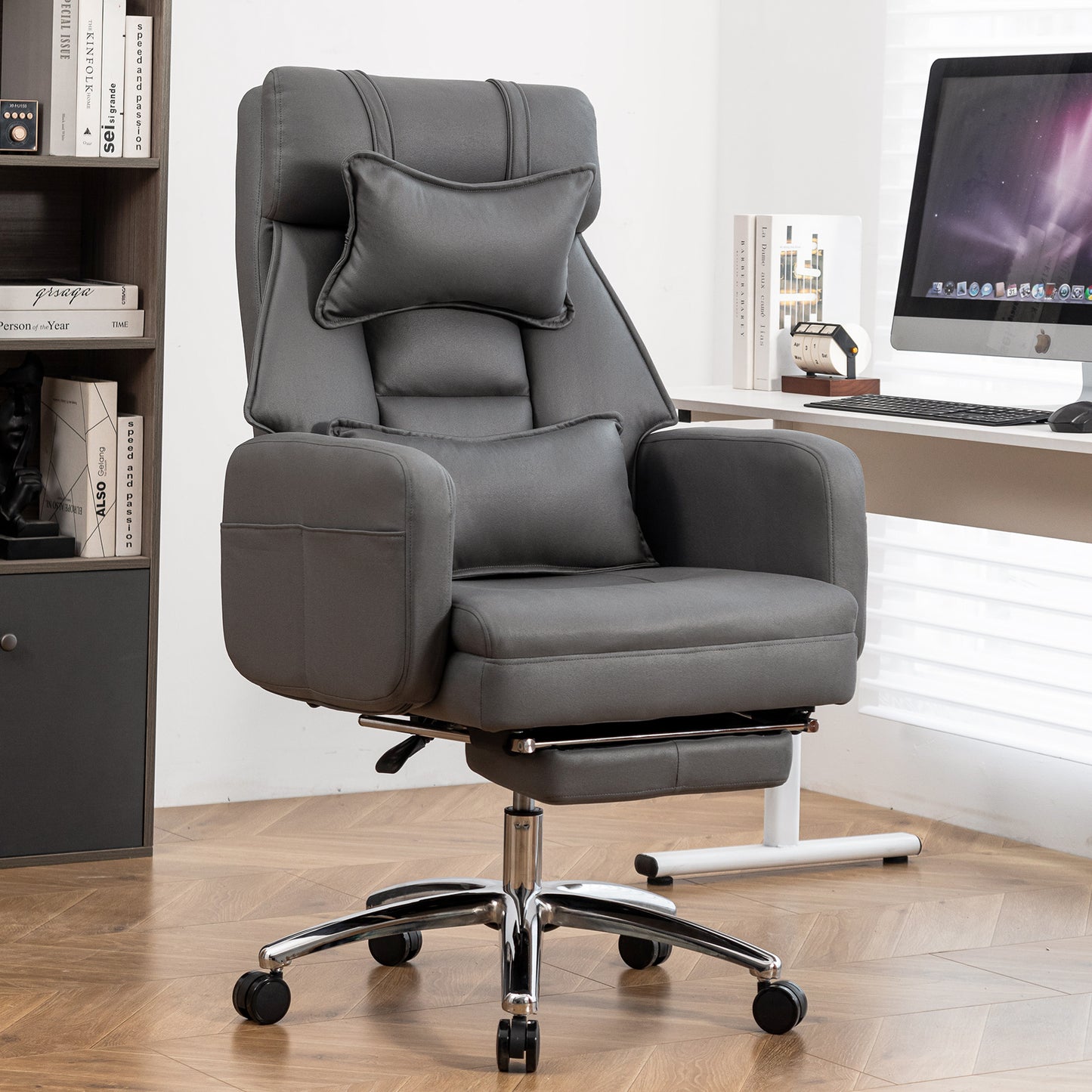 Dark Grey High-Back Swivel Office Chair – Ergonomic Reclining Computer Chair with Lumbar Support, Headrest & Tech Leather Upholstery