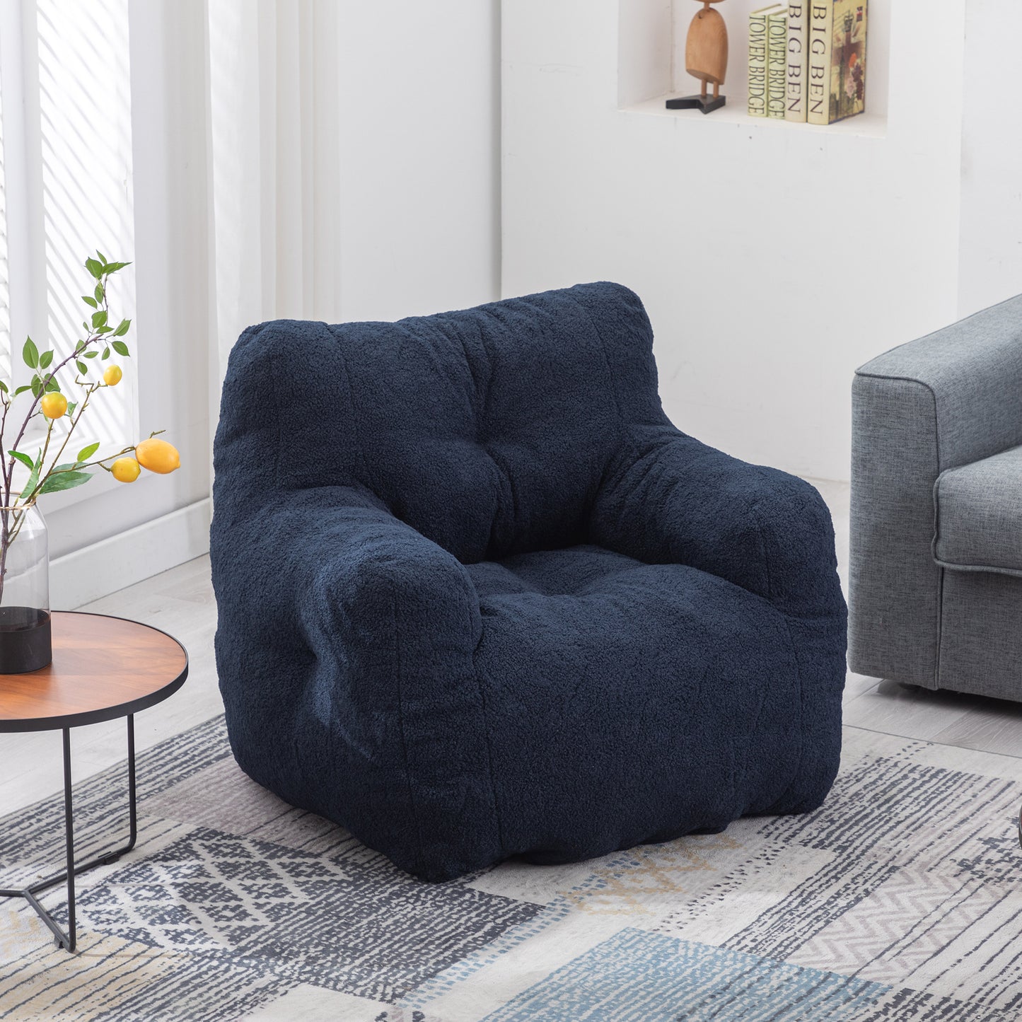 Dark Blue Teddy Fabric Bean Bag Chair – Soft Tufted Foam Seat for Cozy Indoor Lounging