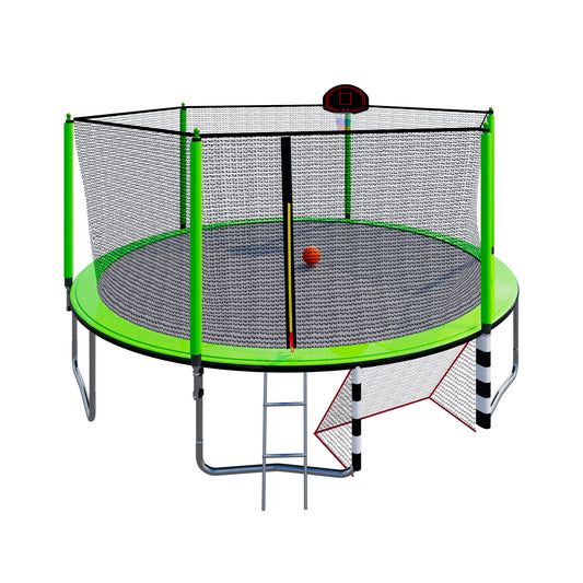 16FT Green Trampoline with Basketball Hoop, Pump & Ladder – Inner Safety Enclosure and Soccer Goal Included