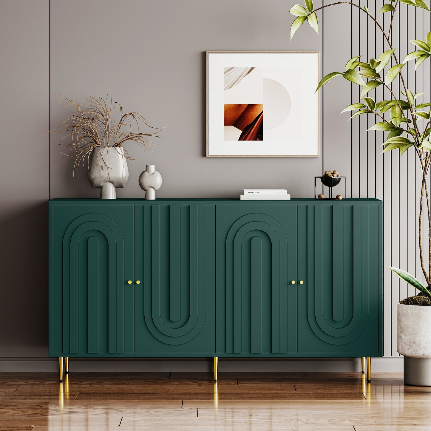 Modern Green Lacquered 4-Door Wooden Sideboard – Elegant Buffet & Storage Cabinet for Living Room, Entryway, Kitchen or Office