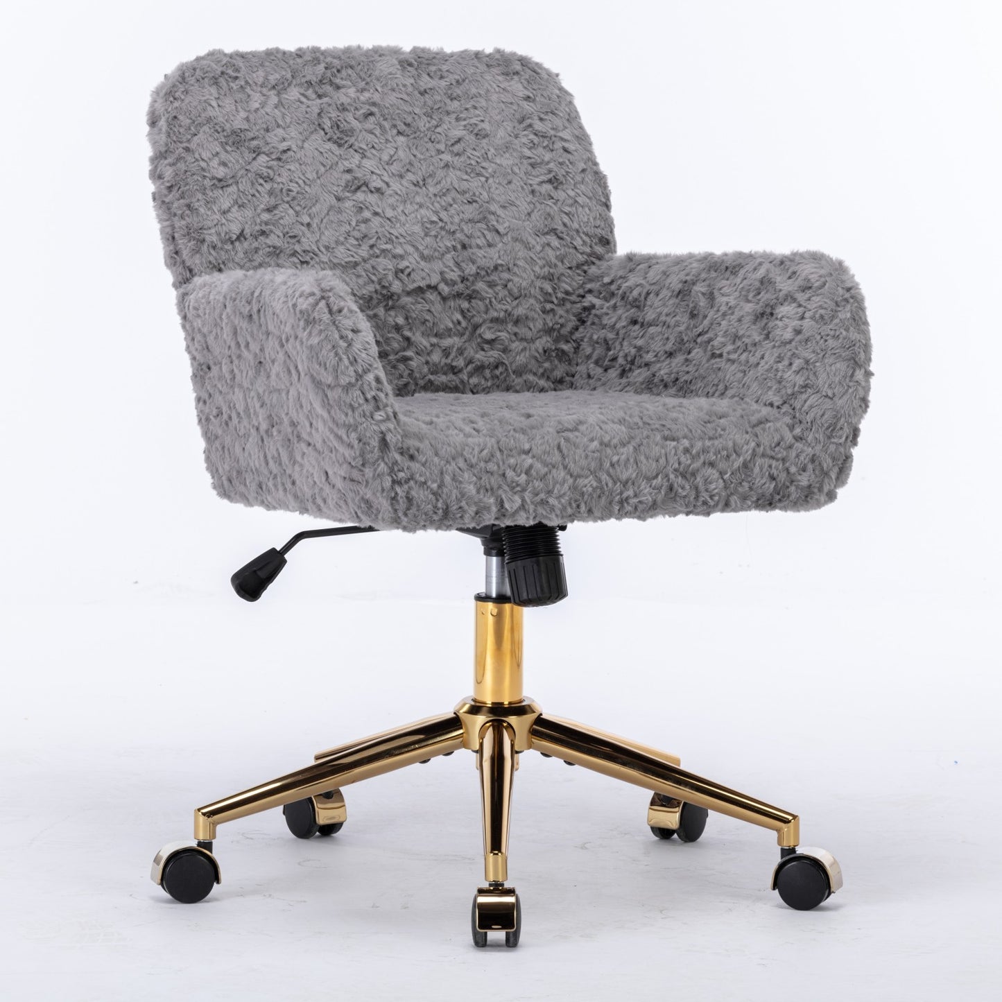 Gray Artificial Rabbit Hair Office Chair – Adjustable Swivel Desk Chair with Gold Metal Base