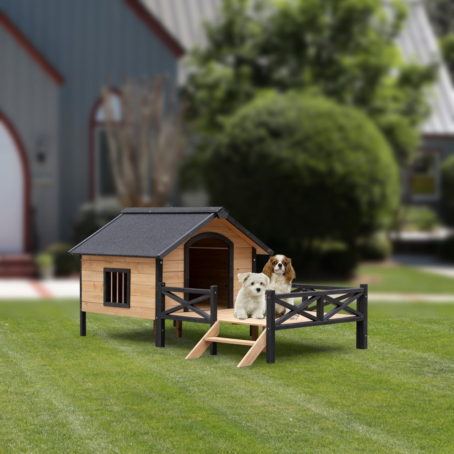 Large Outdoor Wooden Dog Kennel with Porch – Cabin-Style Pet House