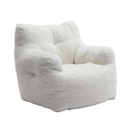 Ivory White Tufted Teddy Fabric Bean Bag Chair – Soft Foam Seat with Memory Sponge