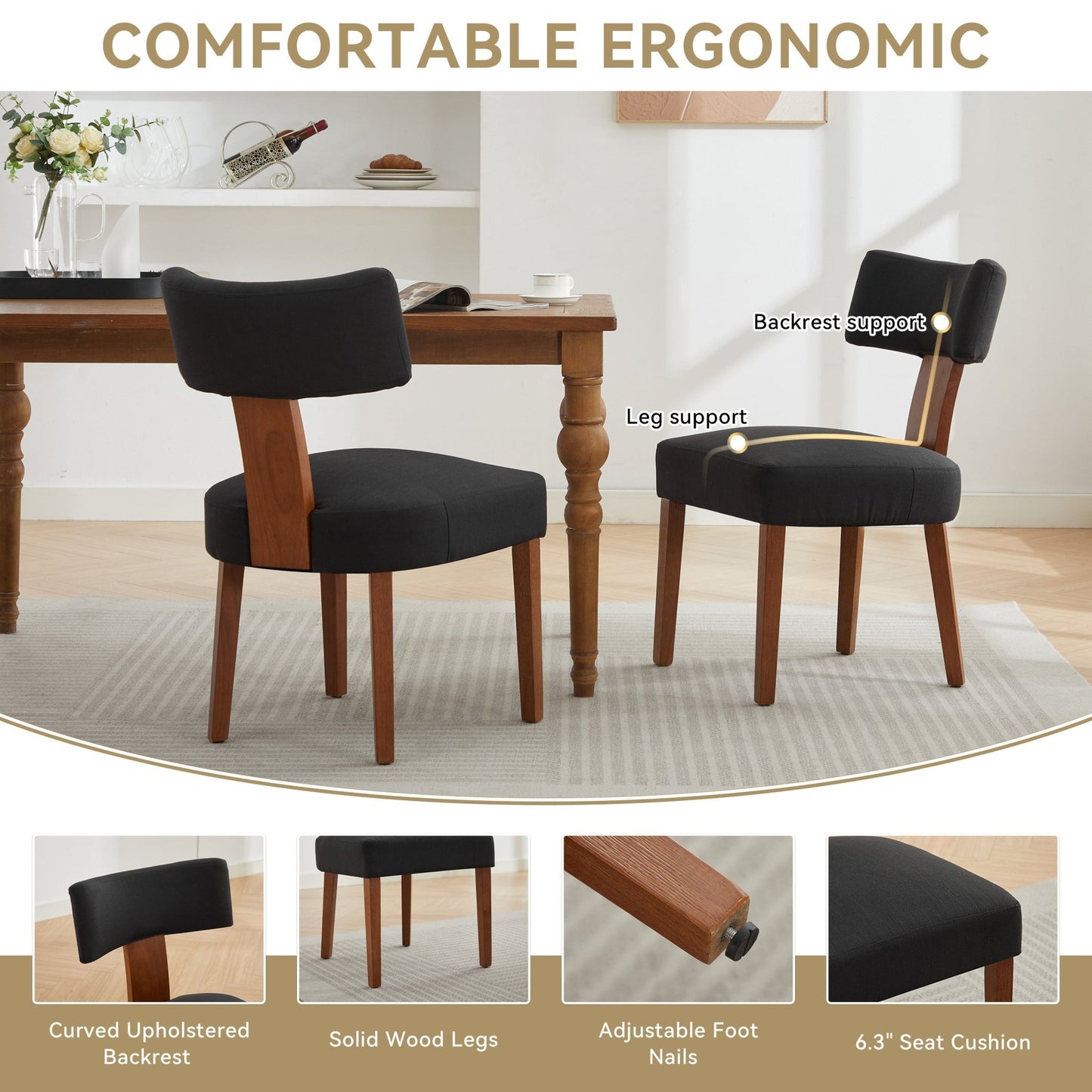 064 - Set of 2 Linen Fabric Modern Armless Dining Chairs With Curved backrest and Solid Wooden Legs for Dining Room Living Room ,Black furniture by GetPawGo