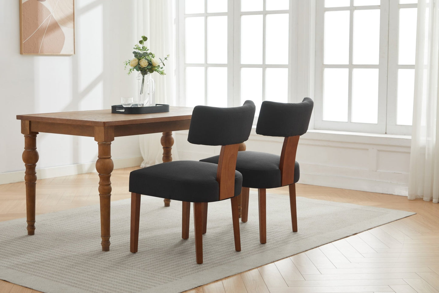 064 - Set of 2 Linen Fabric Modern Armless Dining Chairs With Curved backrest and Solid Wooden Legs for Dining Room Living Room ,Black furniture by GetPawGo