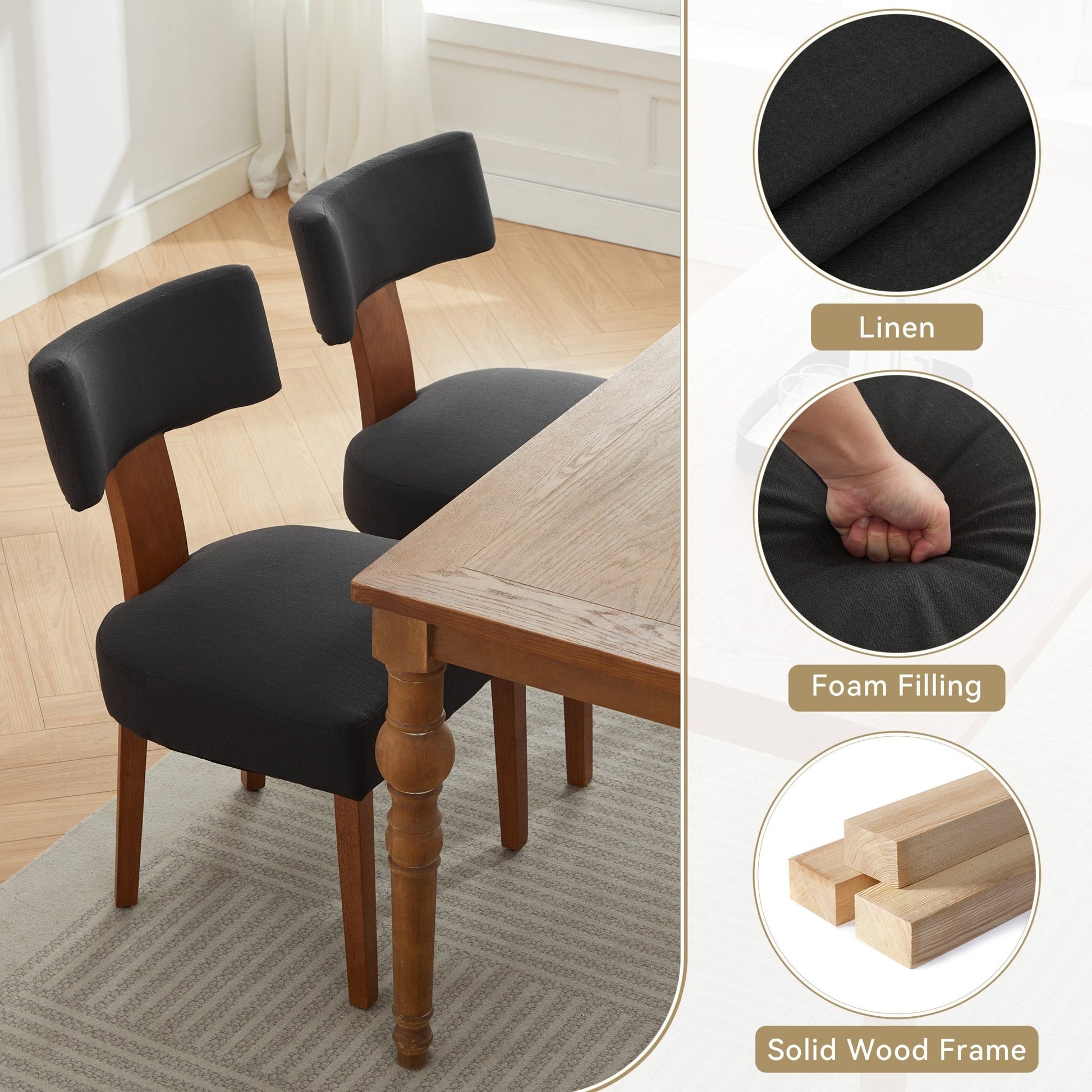 064 - Set of 2 Linen Fabric Modern Armless Dining Chairs With Curved backrest and Solid Wooden Legs for Dining Room Living Room ,Black furniture by GetPawGo