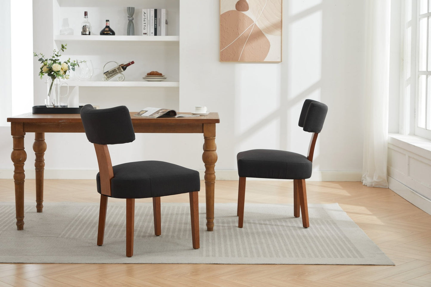 064 - Set of 2 Linen Fabric Modern Armless Dining Chairs With Curved backrest and Solid Wooden Legs for Dining Room Living Room ,Black furniture by GetPawGo