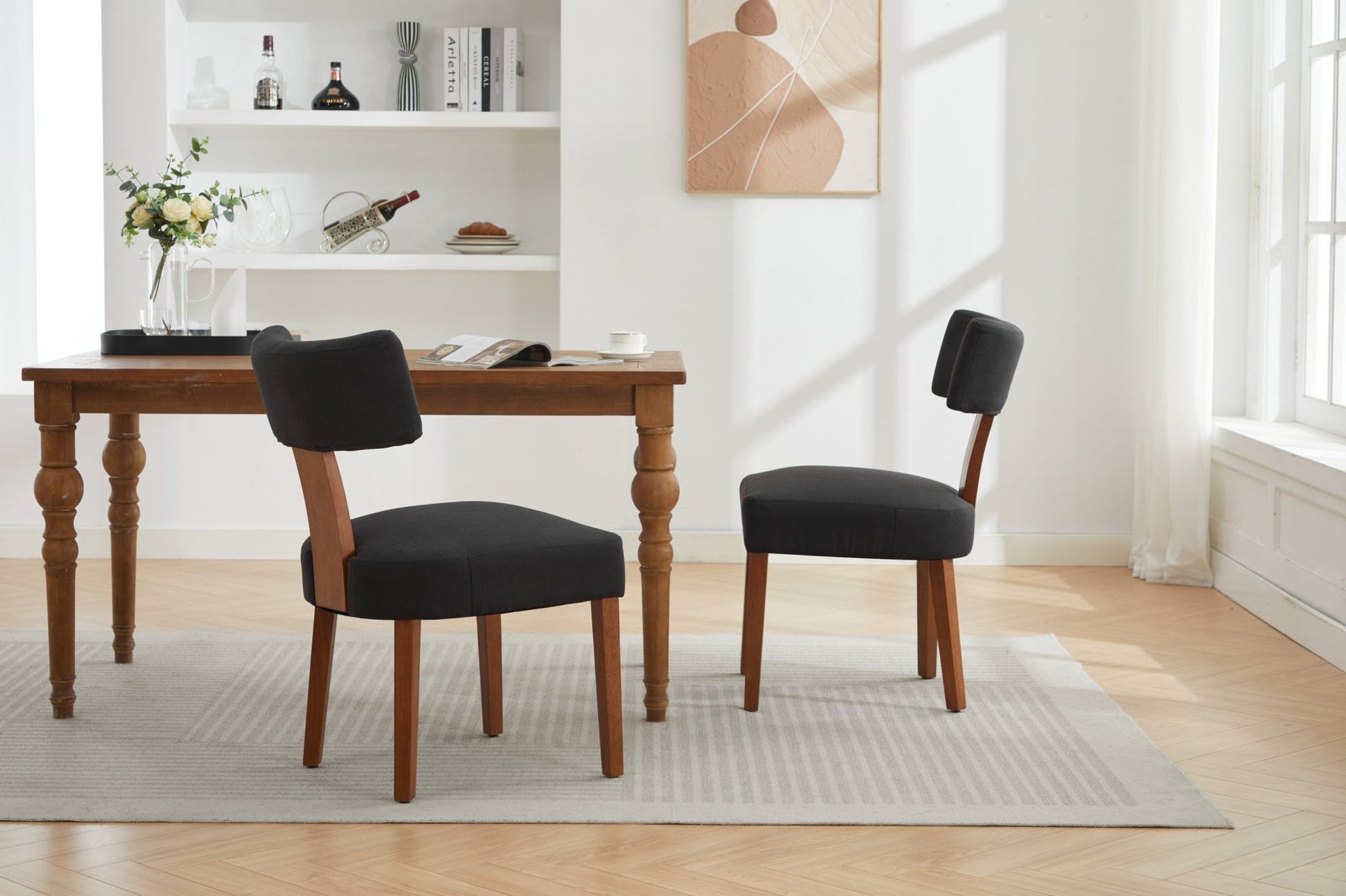 064 - Set of 2 Linen Fabric Modern Armless Dining Chairs With Curved backrest and Solid Wooden Legs for Dining Room Living Room ,Black furniture by GetPawGo