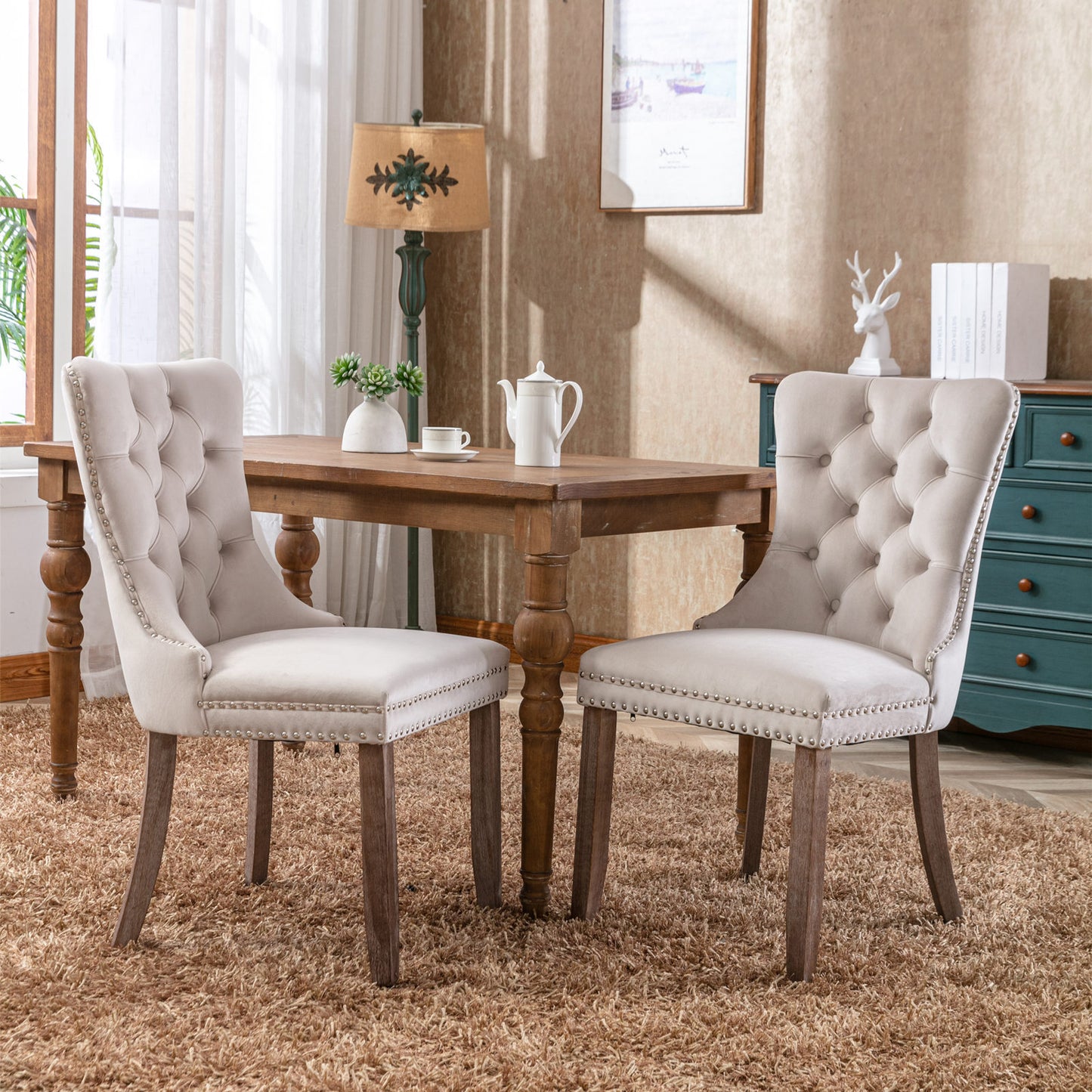 Set of 2 Velvet Upholstered Tufted Dining Chairs with Nailhead Trim, Beige