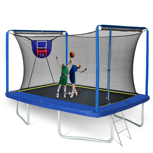 8×12FT Blue Rectangular Trampoline – ASTM Certified with Basketball Board, Ladder & Inflator