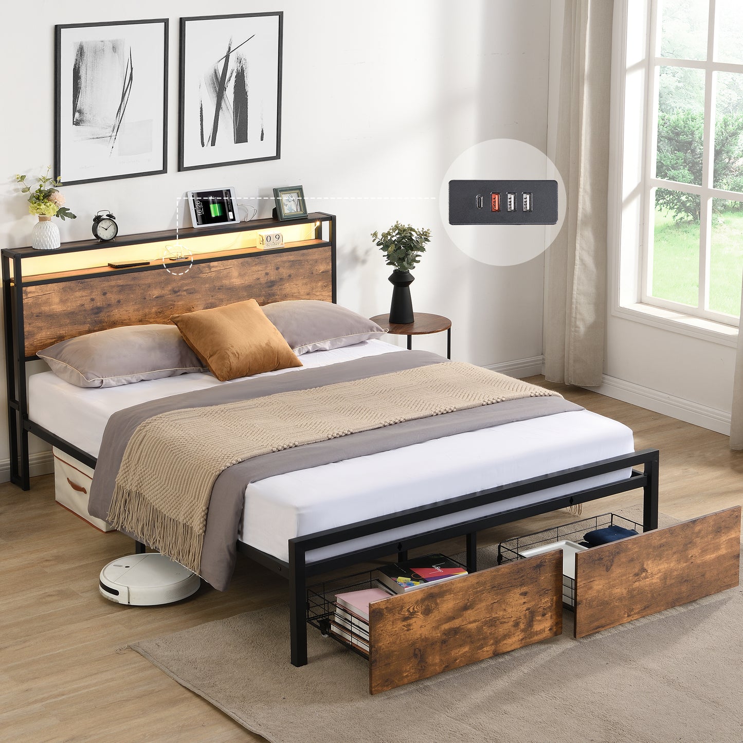 Queen Size Metal Platform Bed Frame – Storage Headboard with LED Lights, Charging Station & 2 Drawers, No Box Spring Needed