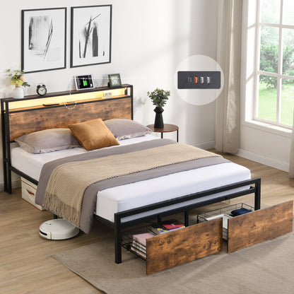 Queen Size Metal Platform Bed Frame – Storage Headboard with LED Lights, Charging Station & 2 Drawers, No Box Spring Needed