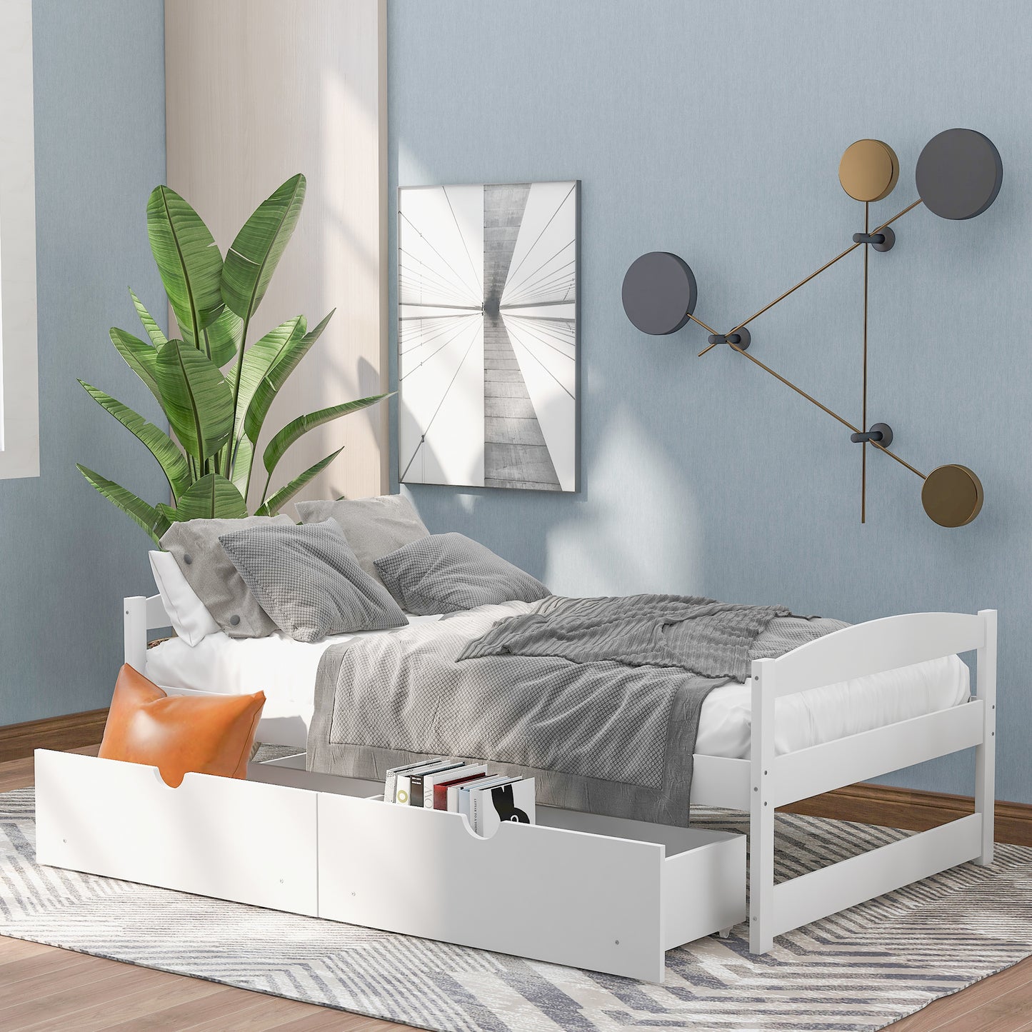 Twin Size White Platform Bed – Space-Saving Design with Two Storage Drawers