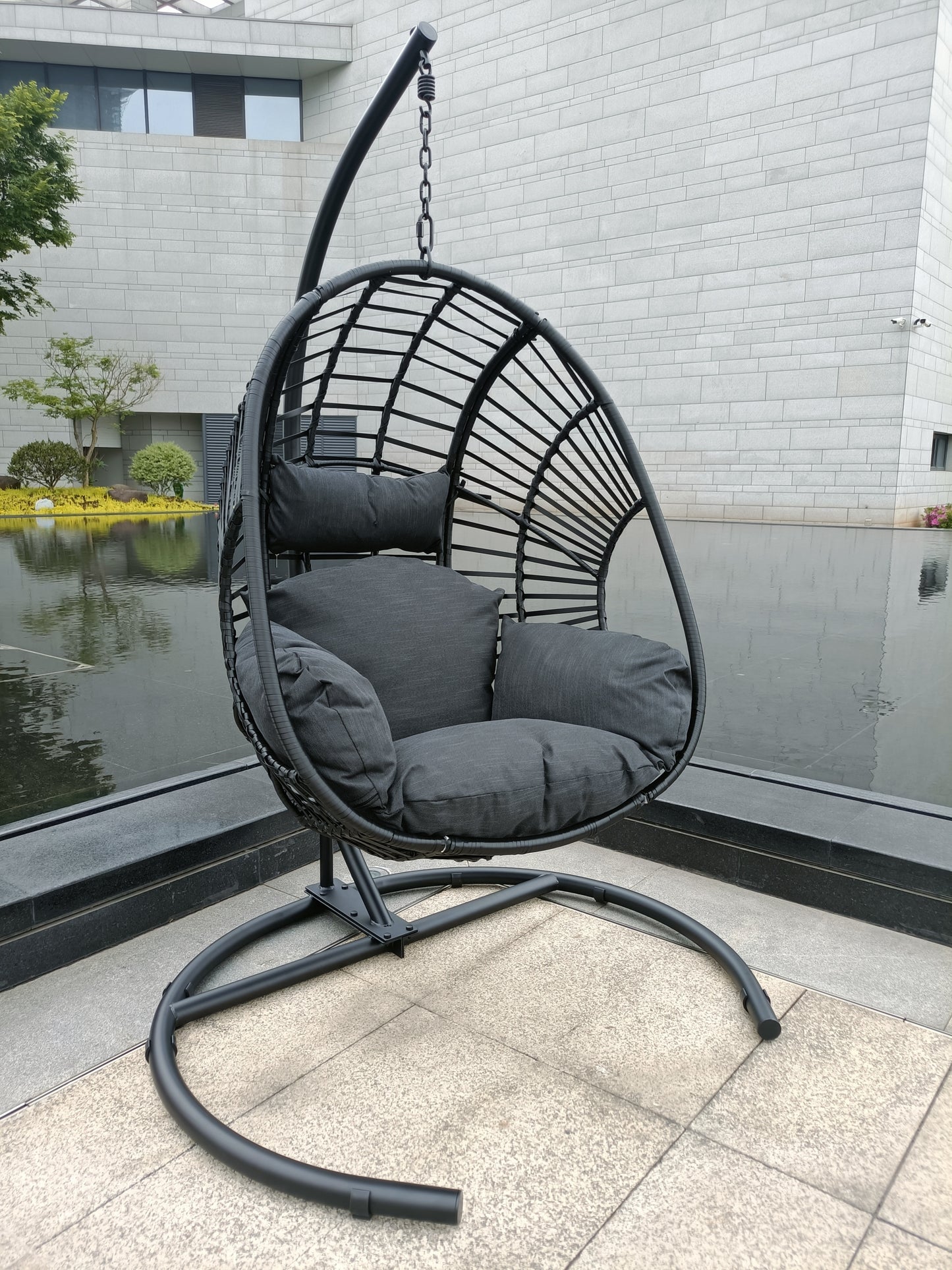 Black Wicker Hanging Egg Chair – Indoor/Outdoor Swing with Anthracite Cushion & Black Base