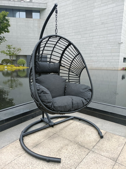 Black Wicker Hanging Egg Chair – Indoor/Outdoor Swing with Anthracite Cushion & Black Base