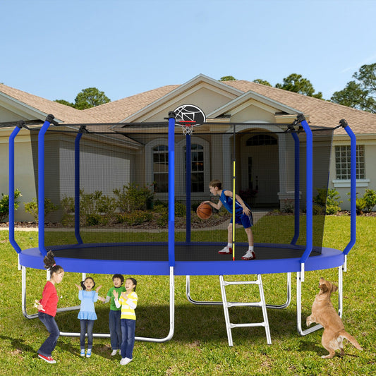14FT Blue Outdoor Trampoline – ASTM Approved with Basketball Hoop, Steel Frame & Safety Enclosure Net furniture by GetPawGo