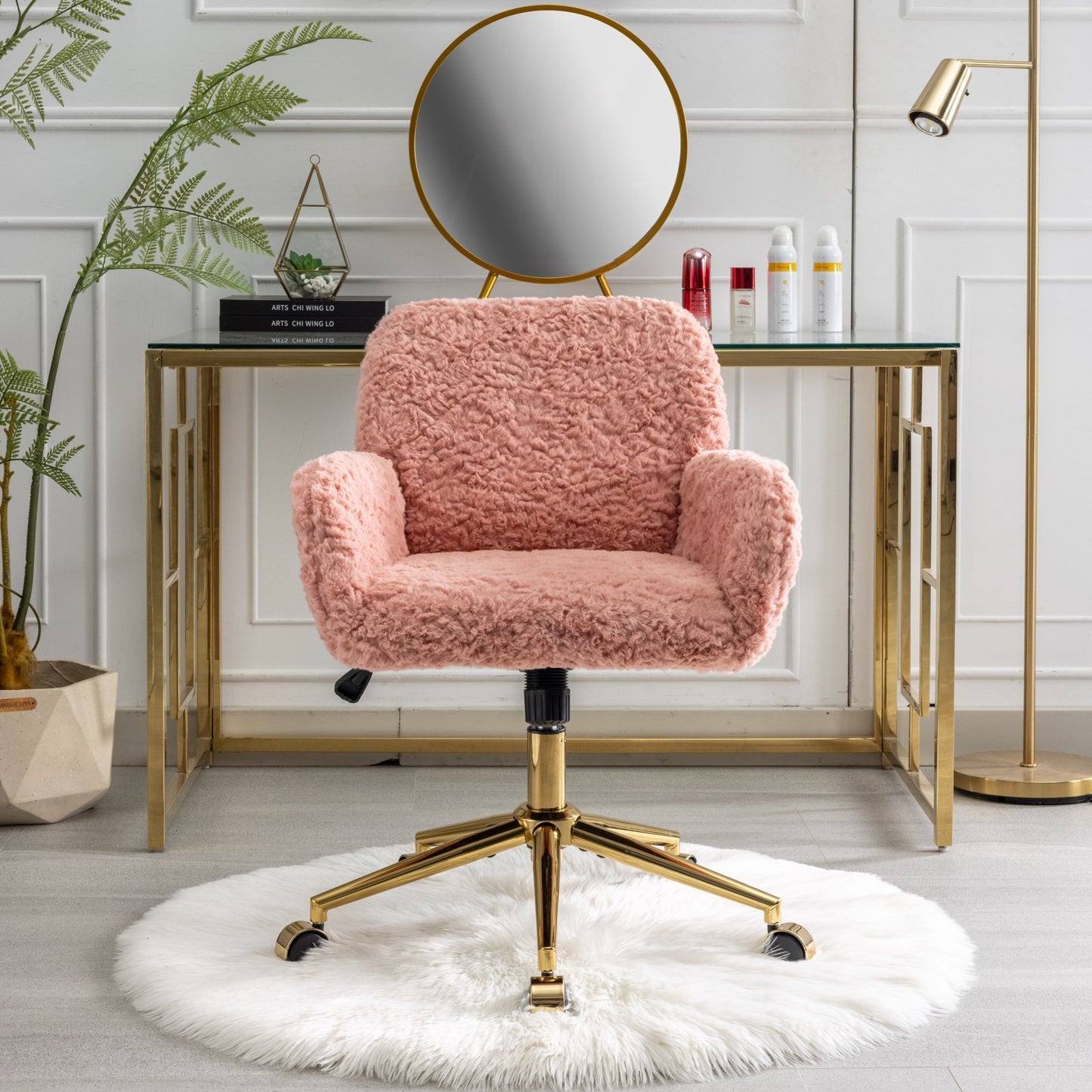 Pink Artificial Rabbit Hair Office Chair – Adjustable Swivel Desk Chair with Gold Metal Base