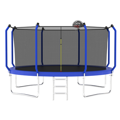 14FT Blue Outdoor Trampoline – ASTM Approved with Basketball Hoop, Steel Frame & Safety Enclosure Net