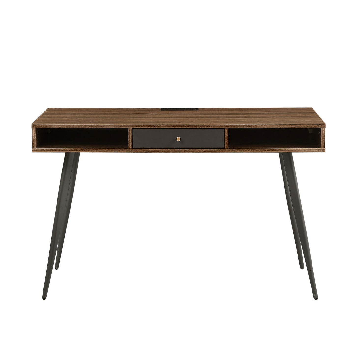 Mid-Century Walnut Writing Desk – Modern Home Office Computer Desk with Drawers, USB Ports & Power Outlet