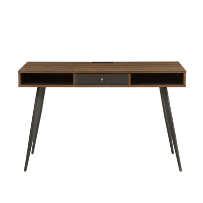 Mid-Century Walnut Writing Desk – Modern Home Office Computer Desk with Drawers, USB Ports & Power Outlet