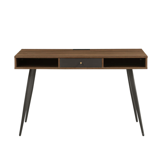 Mid-Century Walnut Writing Desk – Modern Home Office Computer Desk with Drawers, USB Ports & Power Outlet
