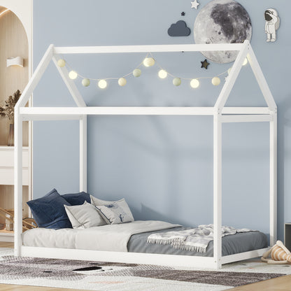 White Twin Size Wooden House Bed – Playful and Stylish Frame for Kids’ Bedroom