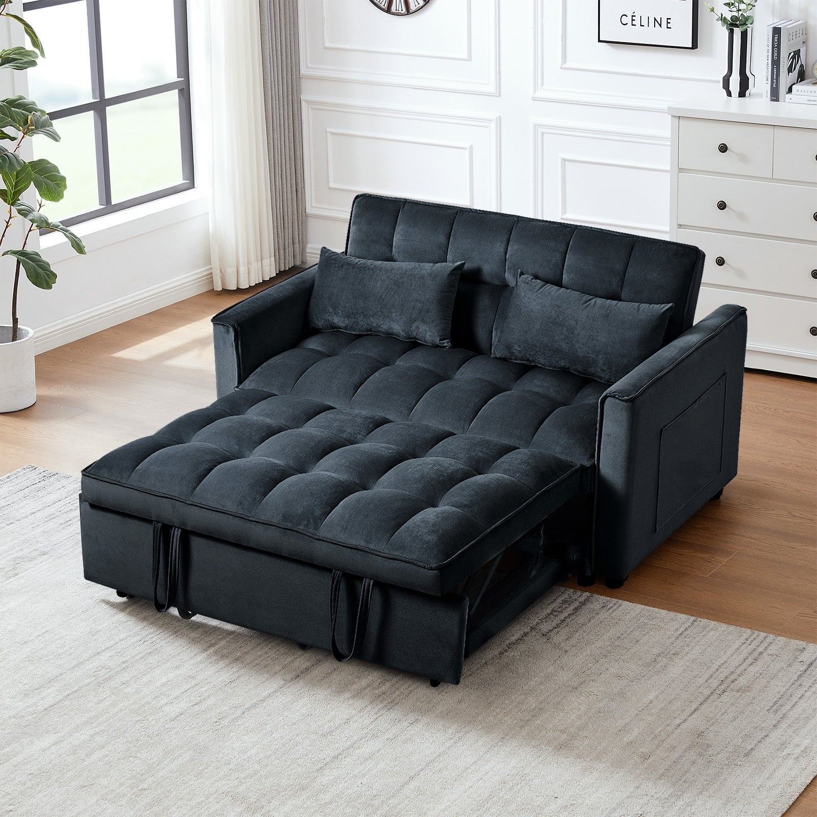 3 in 1 Convertible Sleeper Sofa Bed, Modern Pull Out Couch Bed, Adjustable Backrest, Velvet Loveseat Futon Sofa with Pillows & Pockets for Living Room Apartment, Black furniture by GetPawGo