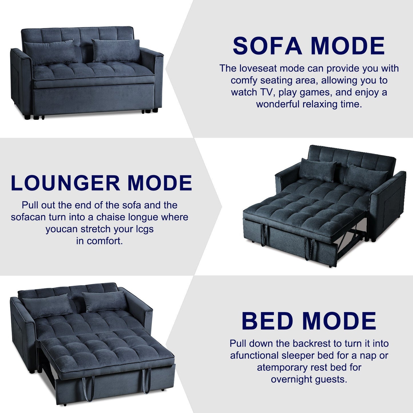 3 in 1 Convertible Sleeper Sofa Bed, Modern Pull Out Couch Bed, Adjustable Backrest, Velvet Loveseat Futon Sofa with Pillows & Pockets for Living Room Apartment, Black furniture by GetPawGo