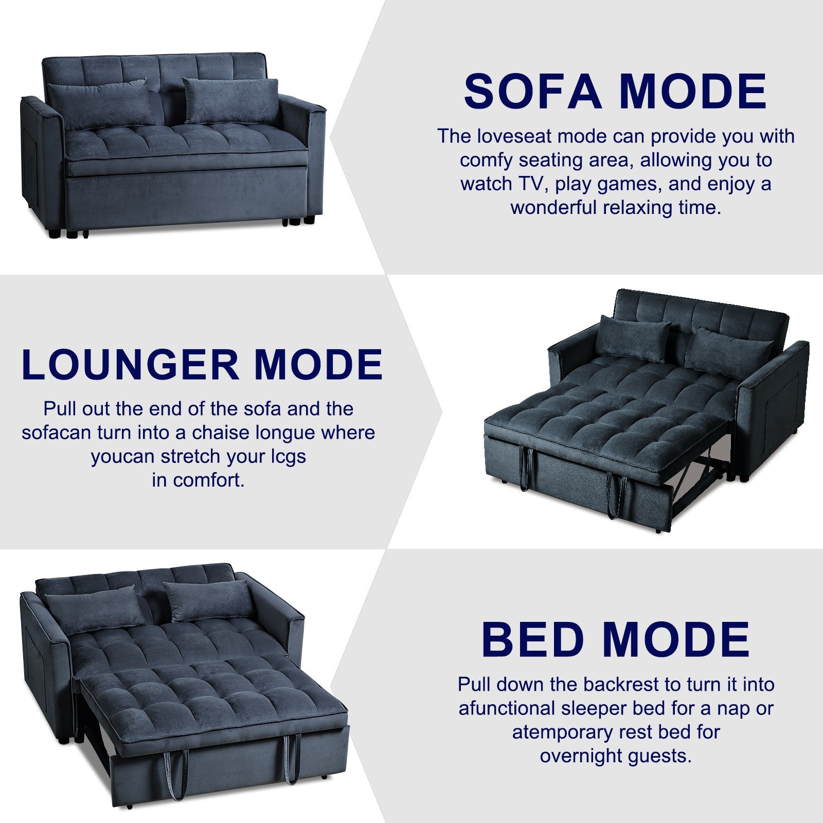 3 in 1 Convertible Sleeper Sofa Bed, Modern Pull Out Couch Bed, Adjustable Backrest, Velvet Loveseat Futon Sofa with Pillows & Pockets for Living Room Apartment, Black furniture by GetPawGo