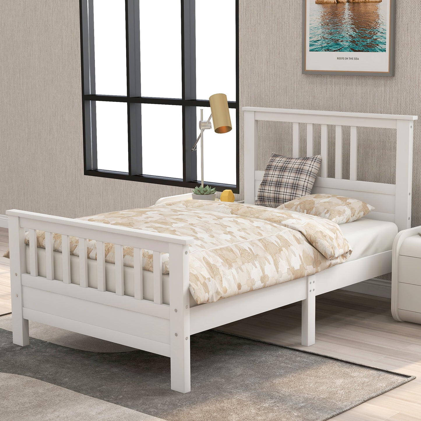 Twin Size White Wood Platform Bed – Classic Frame with Headboard & Footboard