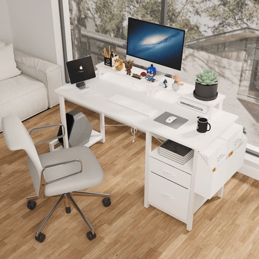 47.3″ White Office Desk with Power Outlet – Dual Monitor Stands, Drawers & Side Pocket, Reversible Stable Frame for Home or Gaming Setup furniture by GetPawGo