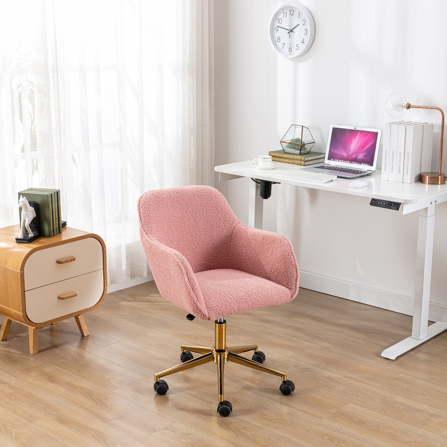 Pink Teddy Fabric Office Chair – Adjustable Height 360° Swivel Design with Gold Metal Legs & Wheels