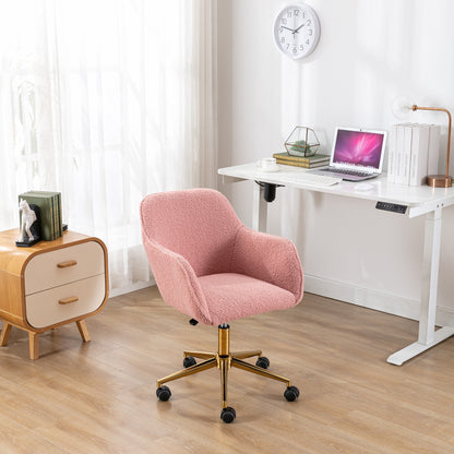 Pink Teddy Fabric Office Chair – Adjustable Height 360° Swivel Design with Gold Metal Legs & Wheels
