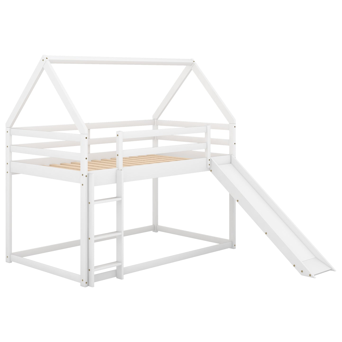 White Twin House Bunk Bed – Playful Design with Slide and Built-In Ladder