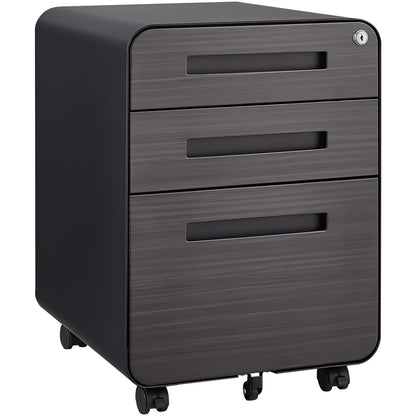 Black 3-Drawer Mobile File Cabinet – Under-Desk Office Storage for Legal/Letter/A4 Files, Waterproof Steel with 5-Wheel Anti-Tilt Design