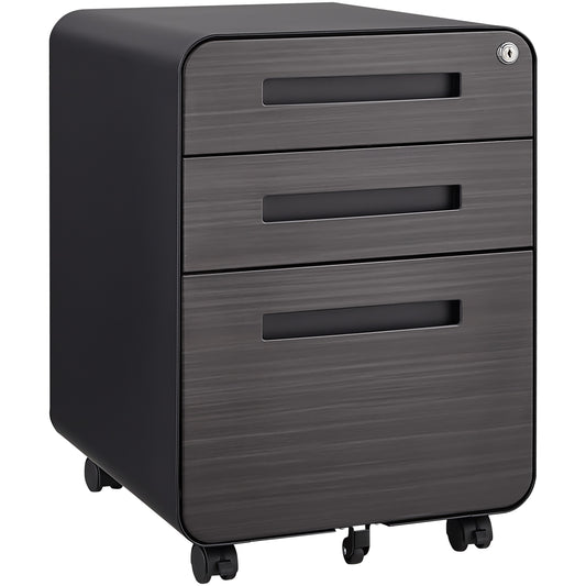 Black 3-Drawer Mobile File Cabinet – Under-Desk Office Storage for Legal/Letter/A4 Files, Waterproof Steel with 5-Wheel Anti-Tilt Design