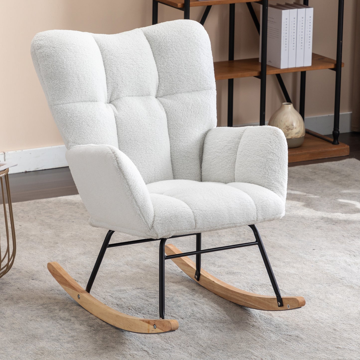 Ivory Teddy Fabric Rocking Glider Nursery Chair – Cozy Indoor Accent Chair for Living Room