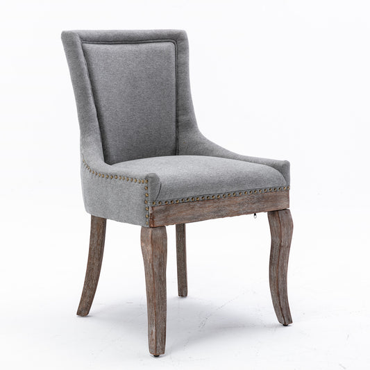 Set of 2 Gray Ultra Side Dining Chairs – Thick Fabric Upholstery with Bronze Nailhead Trim & Solid Wood Legs