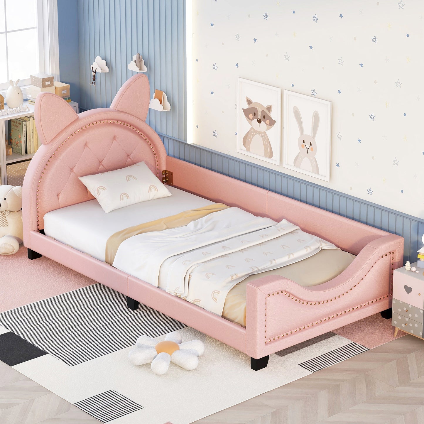 Pink Twin Size Upholstered Daybed – Cute Cartoon Ears Headboard Design