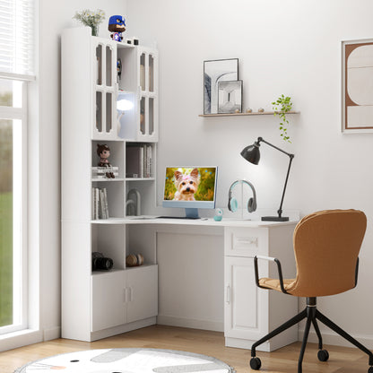 White L-Shaped Corner Computer Desk – Modern 2-in-1 Design with Drawers, Bookshelf & Hutch for Home Office or Study